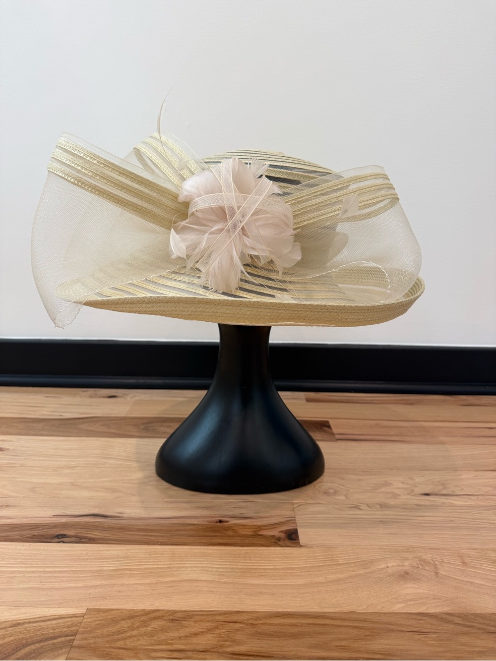 Kate Landry Ivory Wide Brim Church Hat with Feather & Mesh Bow
